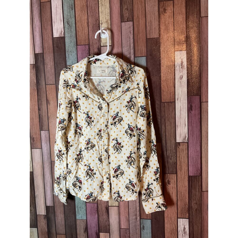 Cotton & Rye Buckaroo Betty Pearl Snap Shirt Yellow Polka Dots Western Large 10